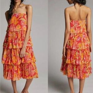 Strapless Tiered Floral Midi Dress in Coral Pink